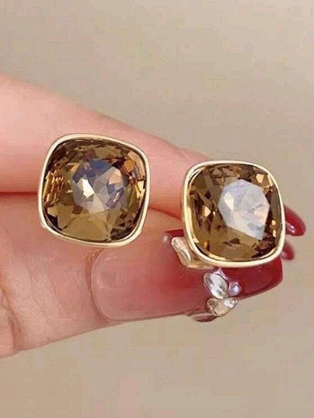 Metal Geometric Square Caramel Crystal Stud Earrings NWOT